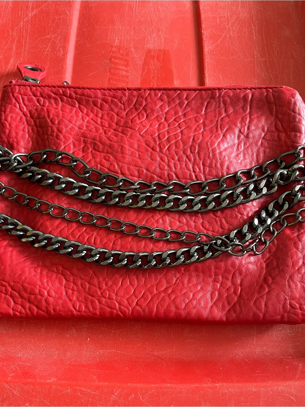 mblm Red Pebbled Leather Crossbody with Dark Gunmetal Chains